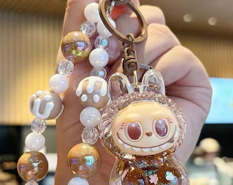 Llavero de resina con forma de conejito kawaii, correa con dije de cuentas de colores pastel, accesorio para bolso femenino