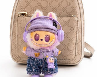 Purple Labubu Doll, Headphones, Knit Hat, Denim Shorts, Kawaii Figure