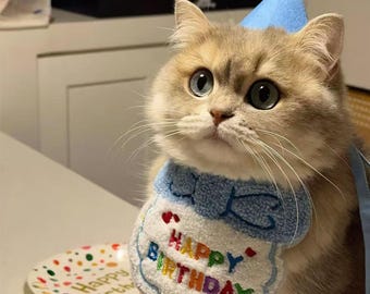Happy Birthday Pet Bandana | Embroidered Cat Dog Outfit (14 inch Tie)