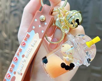 Kawaii Bubble Tea Keychain with Mini Bear Charm – Milk Tea Bag Accessory