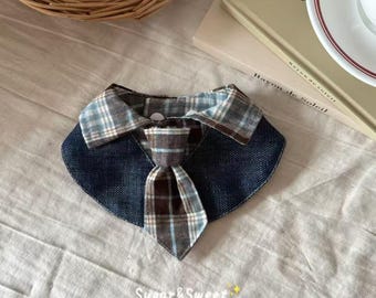 Plaid Shirt Collar with Tie for Cats and Small Dogs, Denim Pet Outfit