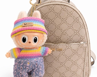 Rainbow Labubu Doll, Bunny Ears, Striped Sweater, Denim Pants, Kawaii Monster Figure