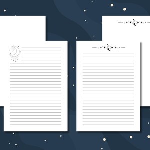 May include: White lined stationery paper with celestial moon and star designs. The paper has a simple, elegant design with a crescent moon and stars at the top left corner and a decorative border at the top. Perfect for writing letters or notes.
