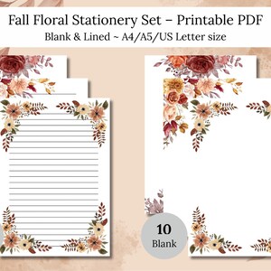 Può includere: Un set di cancelleria con disegni floreali autunnali, tra cui pagine a righe e bianche. Le pagine hanno accenti floreali agli angoli. Il testo in alto recita "Fall Floral Stationery Set - Printable PDF". Disponibile nei formati A4/A5/US Letter.