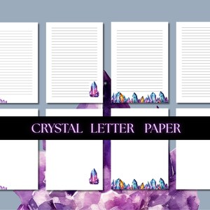 Op de afbeelding: Wit gelijnd briefpapier met aquarel kristalontwerpen in paars, blauw en oranje. De woorden "CRYSTAL LETTER PAPER" worden weergegeven in een zwarte banner. Ideaal voor het schrijven van brieven of notities.