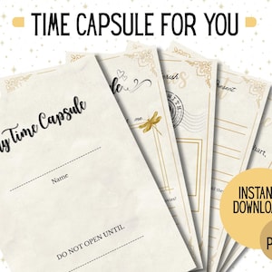 Könnte beinhalten: Eine Sammlung cremefarbener Zeitkapsel-Seiten mit dekorativen Rändern und dem Text "My Time Capsule" und "Time Capsule For You". Enthält eine Libellen-Illustration und die Worte "Sofort-Download" und "10 Seiten".