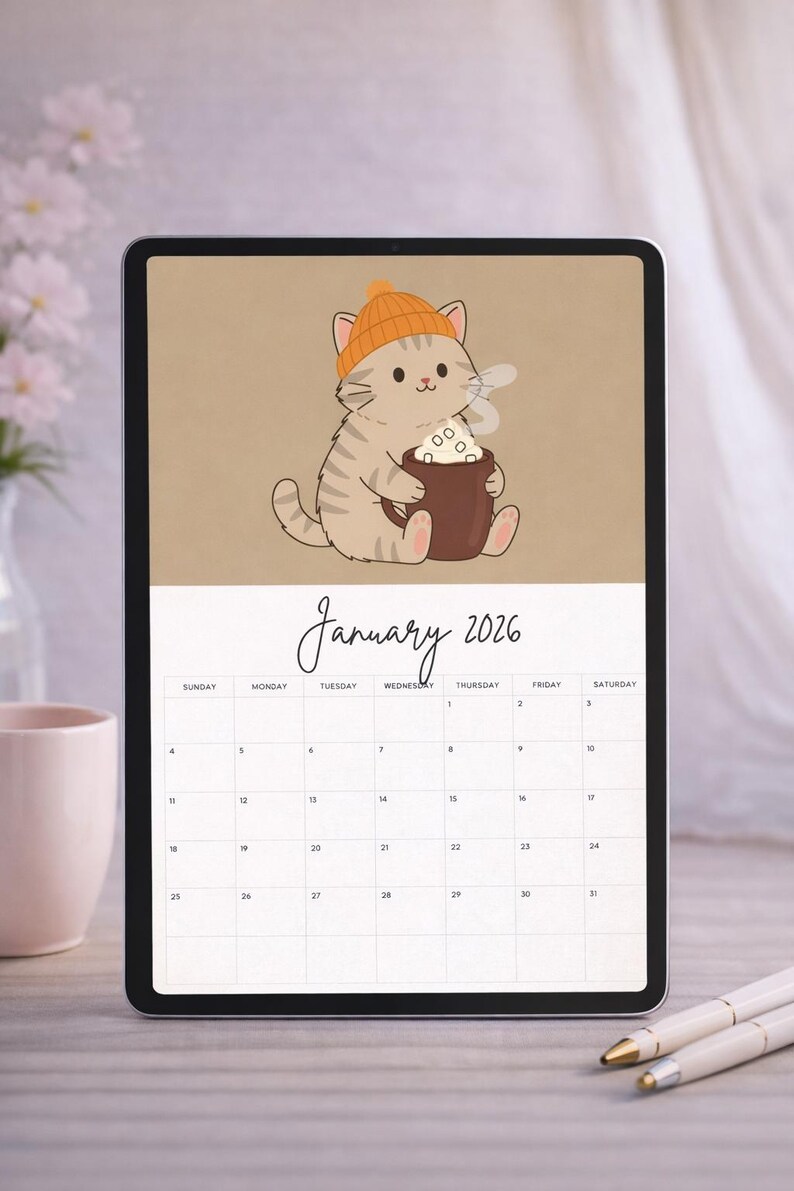 2026 Wall Calendar Printable | Cat Monthly Planner A4 | Sunday Start ...