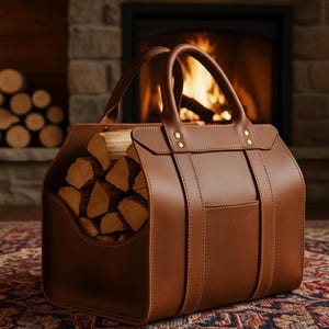 May include: A brown leather log carrier with a handle, filled with cut firewood. The carrier has a rectangular shape with a pocket on the front and is secured with brass rivets. The background features a fireplace with a burning fire.