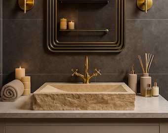 Lavabo de mármol travertino natural de lujo, lavabo de mármol tallado a mano de primera calidad, lavabo rectangular de piedra beige de alta calidad.