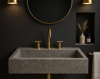 Lavabo de mármol gris de lujo, lavabo de mármol gris premium tallado a mano, tocador de baño de alta calidad y tamaño personalizado.