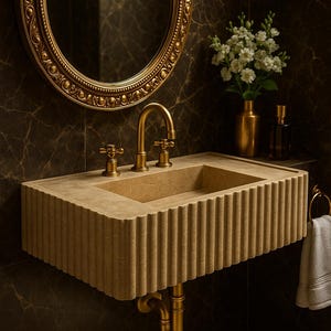 Luxury Custom Size Travertine Marble Sink, Premium Hand Carved Marble Wash Basin, Grooved Front, High Quality Beige Stone Sink