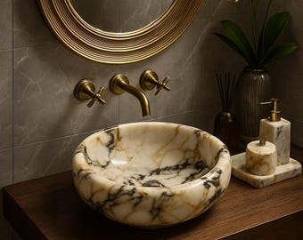 Lavabo redondo de mármol Calacatta Viola de lujo, de tamaño personalizado, tallado a mano, de piedra natural.