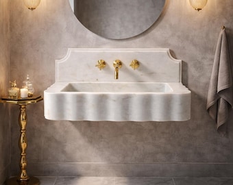 Lavabo de pared de mármol blanco Carrara de lujo, hecho a mano, tocador de baño clásico moderno, lavabo de mármol.