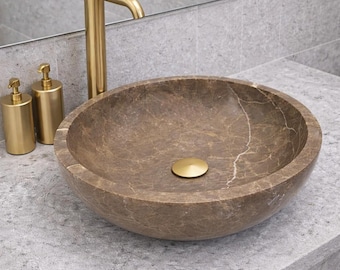 Lavabo de mármol Dark Emperador a medida, lavabo redondo marrón de lujo, tocador de baño de piedra natural.