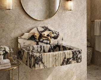 Luxury Calacatta Viola Marble Sink With Backsplash, Premium Hand Carved Marble Wash Basin, Wall Mounted Bathroom Vanity