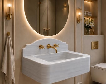 Lavabo de mármol blanco de Carrara hecho a mano, lavabo flotante de lujo para baños modernos.