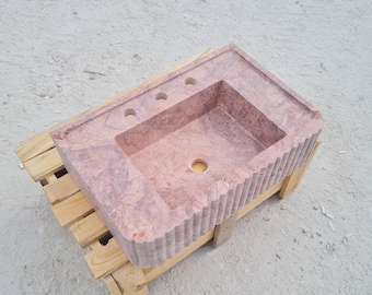 Lavabo de mármol travertino rojo de lujo, lavabo de mármol premium tallado a mano, frente ranurado, lavabo de piedra roja de alta calidad.