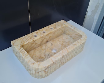 Lavabo de lujo de mármol Calacatta Gold, lavabo de baño premium tallado a mano, cuenco de piedra ranurada, lavabo de tocador personalizado