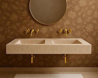 Lavabo doble de mármol travertino de lujo, tocador de piedra de diseño rústico para montaje en pared, lavabo de mármol a medida, tocador de baño moderno.