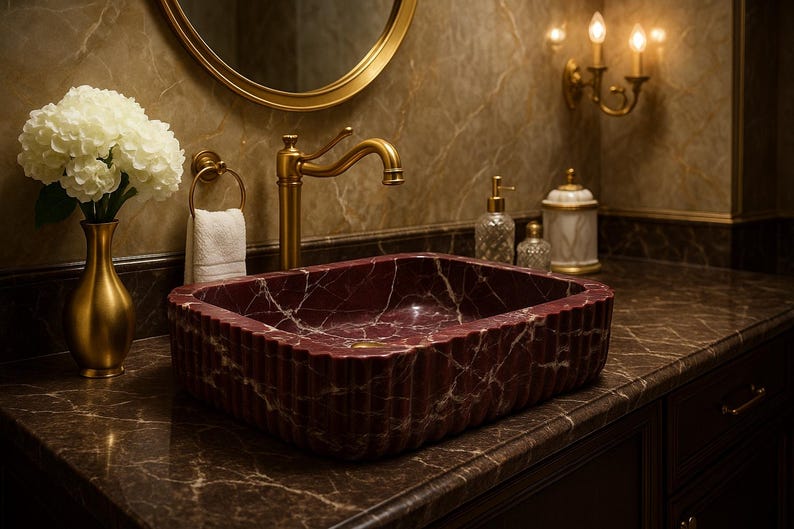 Puede incluir: Un lavabo de ba&ntilde;o de m&aacute;rmol burdeos con vetas blancas, rectangular con dise&ntilde;o acanalado. Grifo, espejo y apliques dorados. Un jarr&oacute;n dorado contiene flores blancas. Un conjunto elegante para un ba&ntilde;o con un toque de lujo.