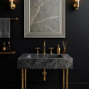 Premium Nero Marquina Marble Sink, Black Stone Basin, Hand Carved Rectangle Vessel, Luxury Bathroom Vanity Bowl