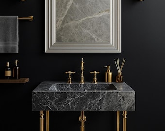 Lavabo de mármol Nero Marquina premium artesanal, lavabo de piedra negra, lavabo de baño de lujo, lavabo de tocador negro
