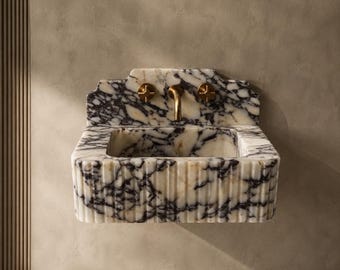 Lavabo de mármol Calacatta Viola con protector contra salpicaduras, lavabo de piedra natural hecho a mano para montaje en pared.