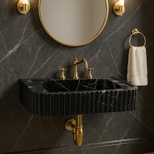 Elegant Black Marble Sink, Premium Nero Marquina Hand Carved Marble Wash Basin, Fluted Rectangle High Quality Black Stone Sink
