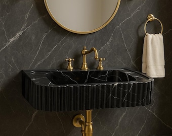 Hand Carved Nero Marquina Marble Sink, Fluted Black Stone Wash Basin