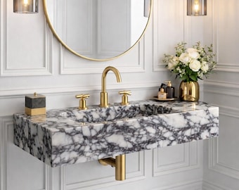 Lavabo de baño Calacatta Viola a medida, lavabo de lujo para montaje en pared, lavabo de piedra natural