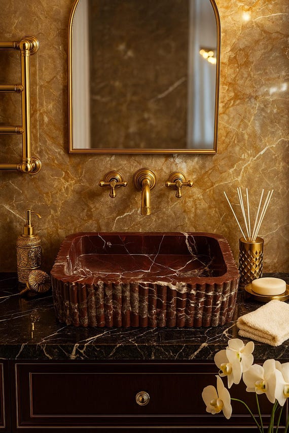 Premium Rosso Levanto Marble Sink, Red Stone Bathroom Basin, Hand Carved Rectangle Vessel, Luxury Custom Vanity Sink