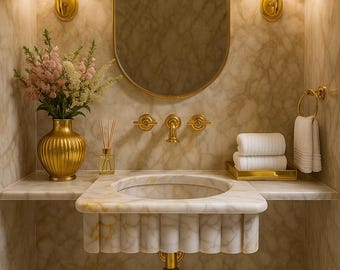 Lavabo de lujo de mármol Calacatta Gold, lavabo de baño premium tallado a mano, cuenco de piedra ranurada, lavabo personalizado para diseñadores.