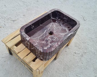 Premium Rosso Levanto Marble Sink, Red Stone Bathroom Basin, Hand Carved Rectangle Vessel, Luxury Custom Size Vanity Sink