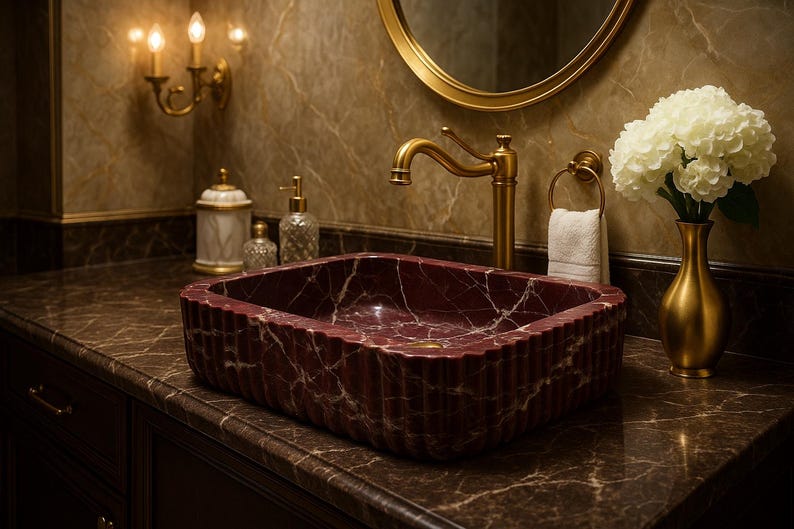 Puede incluir: Un lavabo rectangular de m&aacute;rmol burdeos con vetas blancas se encuentra sobre una encimera oscura. Se ven un grifo, un espejo y apliques dorados con velas encendidas. Un jarr&oacute;n dorado contiene flores blancas.