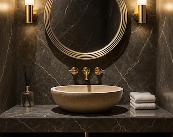Lavabo de mármol travertino de lujo redondo de tamaño personalizado, lavabo de mármol tallado a mano, lavabo de piedra natural, tocador de baño