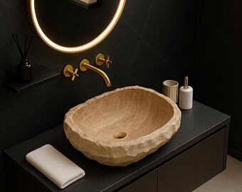 Lavabo rústico de mármol travertino, lavabo de piedra natural hecho a mano, lavabo de travertino único para tocador.