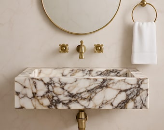 Lavabo de mármol de lujo Calacatta Viola a medida, lavabo de mármol Viola premium tallado a mano, lavabo de pared de corte recto de alta calidad.