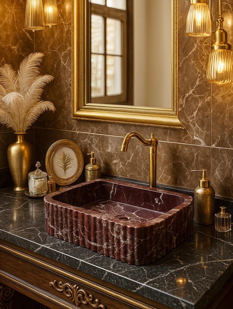 Puede incluir: Un lujoso mueble de ba&ntilde;o con un lavabo rectangular de m&aacute;rmol burdeos. El lavabo est&aacute; sobre una encimera oscura con accesorios dorados, incluyendo un grifo y l&aacute;mparas colgantes. Un espejo con marco dorado y objetos decorativos completan el elegante dise&ntilde;o.