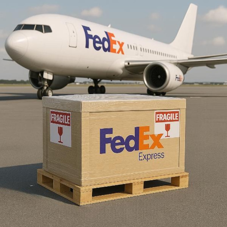 Puede incluir: Una caja de env&iacute;o de FedEx de madera sobre una plataforma, con el logotipo de FedEx en azul y naranja. La caja tiene pegatinas de "Fr&aacute;gil" y est&aacute; frente a un avi&oacute;n FedEx en una pista.