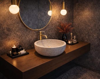 Hand Carved Marble Sink, Round Light Travertine Wash Basin, Natural Stone Vanity
