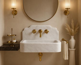 Lavabo de mármol blanco Carrara para montaje en pared, hecho a mano, tocador de baño clásico moderno, lavabo de piedra de lujo.