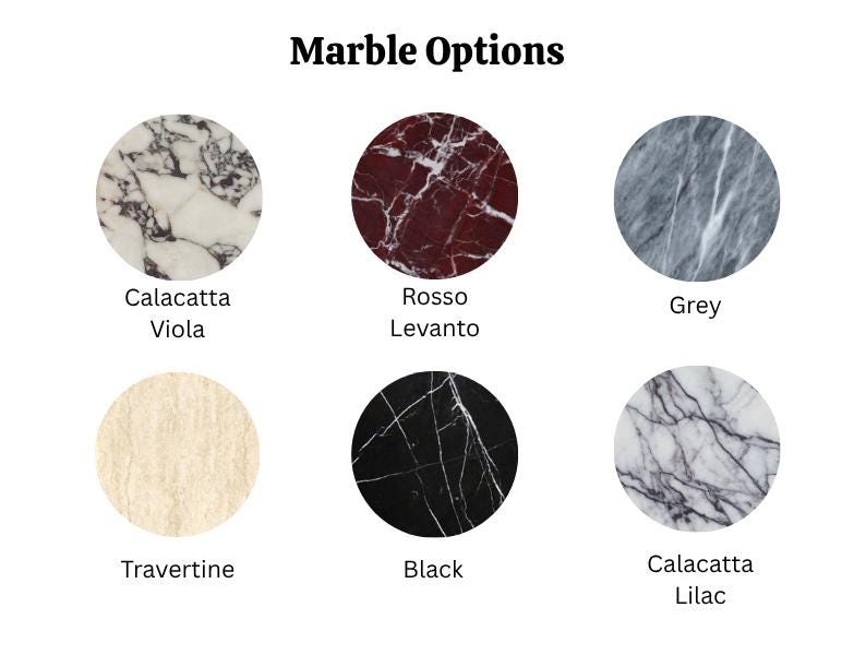 Puede incluir: Imagen que muestra seis opciones de m&aacute;rmol: Calacatta Viola, Rosso Levanto, Grey, Travertino, Black y Calacatta Lilac. Cada muestra de m&aacute;rmol es circular, con el nombre del tipo de m&aacute;rmol debajo.