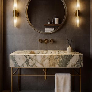 Luxury Calacatta Monet Viola Marble Sink, Monet Viola Premium Hand Carved Marble Wash Basin, Straight Cut Wall Mounted High Quality Sink