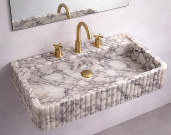 Lavabo de baño de pared Calacatta Viola de tamaño personalizado, tocador flotante de lujo hecho a mano, lavabo de piedra natural.