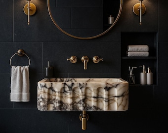 Elegante lavabo de mármol Calacatta Viola de lujo, lavabo de mármol Viola Premium tallado a mano a medida, tocador de baño rústico.