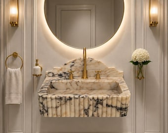 Wall Mounted Calacatta Viola Marble Sink with Backsplash - Luxury Hand Crafted Bathroom Vanity