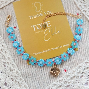 MARINE BLOOM - Blue Beaded Daisy Bracelet: Japanese Seed Beads, 14K/18K Gold Plated Floral Jewelry