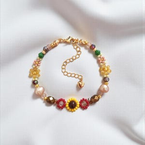 AUBURN - Fall Beaded Flower Bracelet: Gold Filled, Pearl & Crystal Jewelry