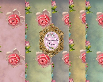 Roses Shabby Chic DIGITAL Paper Collage Sheet - set of 5 - 8.5 X 11 inches - Digital Paper - distressed floral wallpaper MS08
