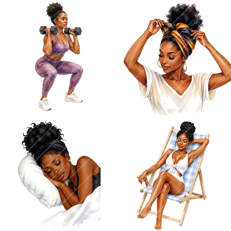 May include: Digital art featuring four illustrations of Black women in various settings. One woman is exercising with dumbbells, another is adjusting a head wrap, a third is sleeping, and the last is relaxing in a beach chair.